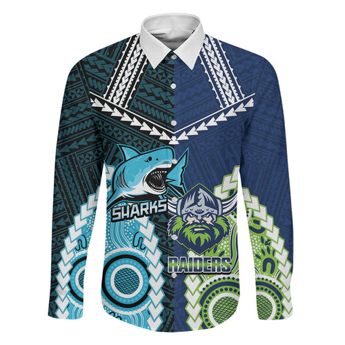 Custom Rugby Sharks and Raiders Family Matching Off The Shoulder Long Sleeve Dress and Hawaiian Shirt 2026 Together Aboriginal Polynesian Pattern