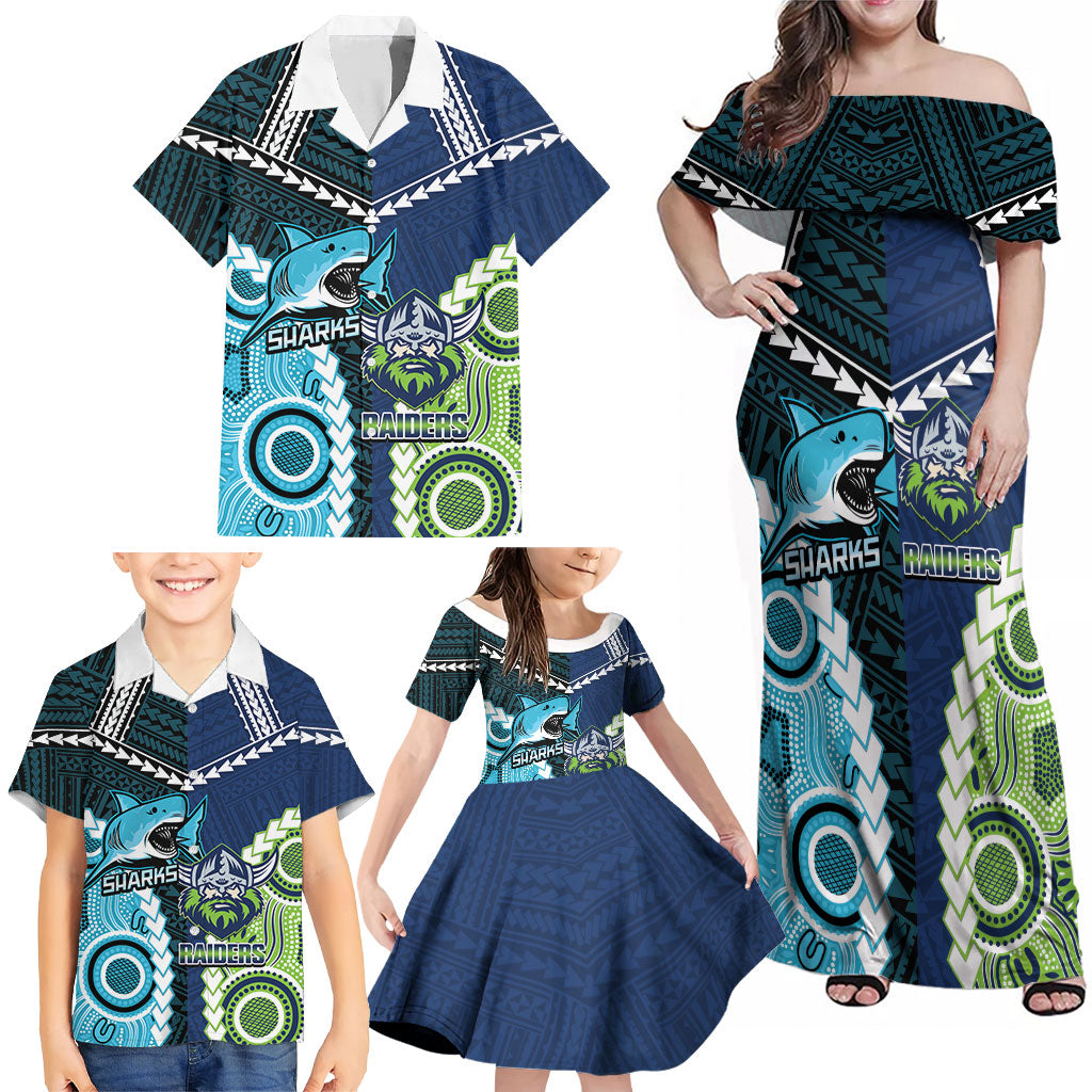 Custom Rugby Sharks and Raiders Family Matching Off Shoulder Maxi Dress and Hawaiian Shirt 2026 Together Aboriginal Polynesian Pattern