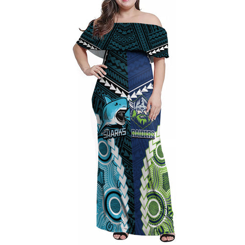 Custom Rugby Sharks and Raiders Family Matching Off Shoulder Maxi Dress and Hawaiian Shirt 2026 Together Aboriginal Polynesian Pattern