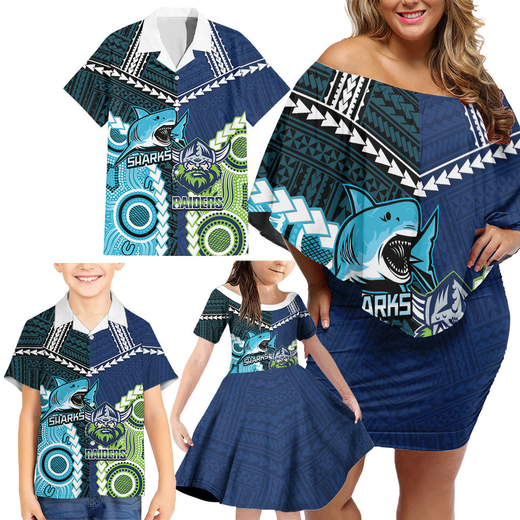 Custom Rugby Sharks and Raiders Family Matching Off Shoulder Short Dress and Hawaiian Shirt 2026 Together Aboriginal Polynesian Pattern