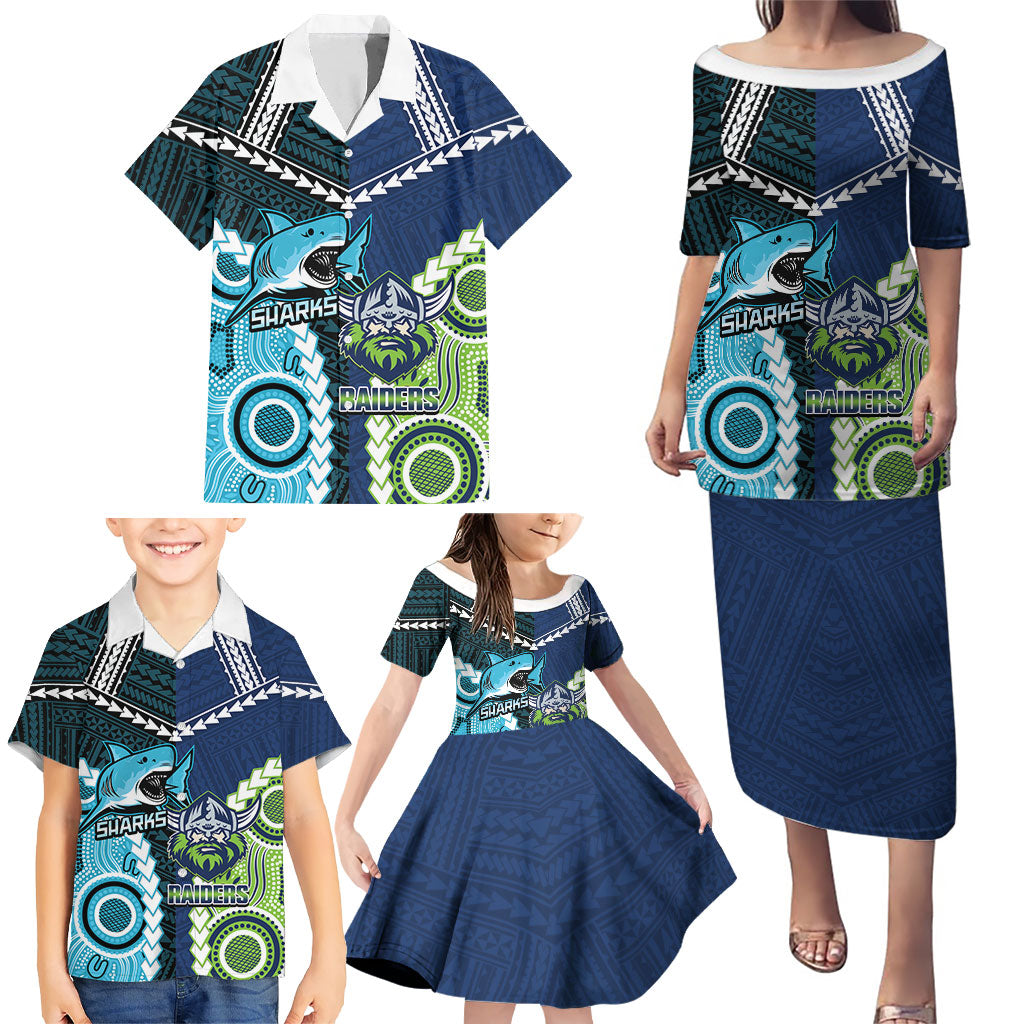 Custom Rugby Sharks and Raiders Family Matching Puletasi and Hawaiian Shirt 2026 Together Aboriginal Polynesian Pattern