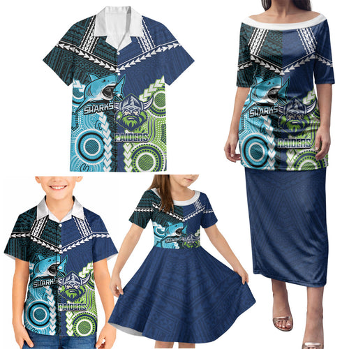 Custom Rugby Sharks and Raiders Family Matching Puletasi and Hawaiian Shirt 2026 Together Aboriginal Polynesian Pattern