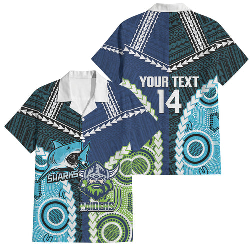 Custom Rugby Sharks and Raiders Family Matching Puletasi and Hawaiian Shirt 2026 Together Aboriginal Polynesian Pattern