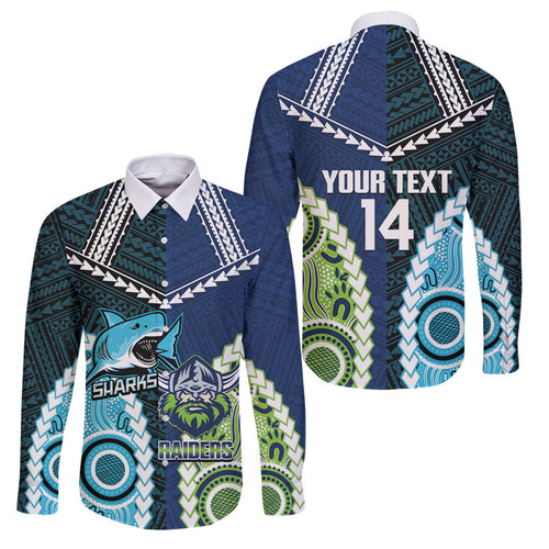 Custom Rugby Sharks and Raiders Family Matching Puletasi and Hawaiian Shirt 2026 Together Aboriginal Polynesian Pattern
