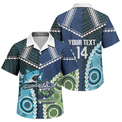 Custom Rugby Sharks and Raiders Family Matching Puletasi and Hawaiian Shirt 2026 Together Aboriginal Polynesian Pattern