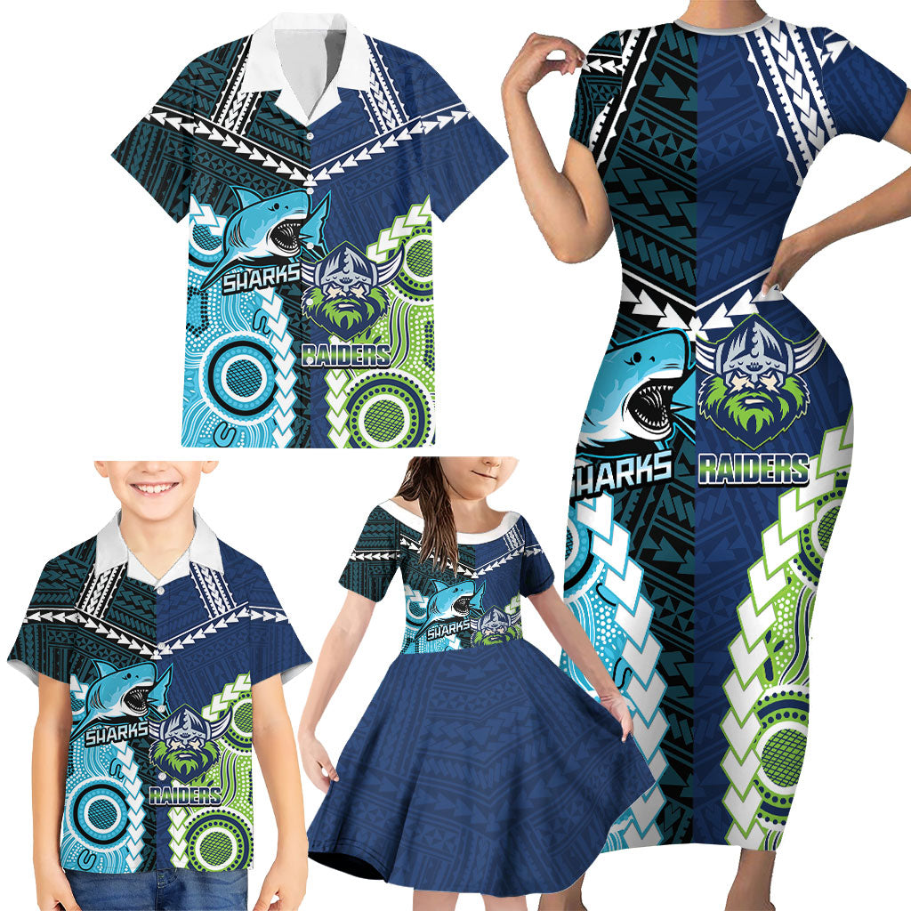 Custom Rugby Sharks and Raiders Family Matching Short Sleeve Bodycon Dress and Hawaiian Shirt 2026 Together Aboriginal Polynesian Pattern