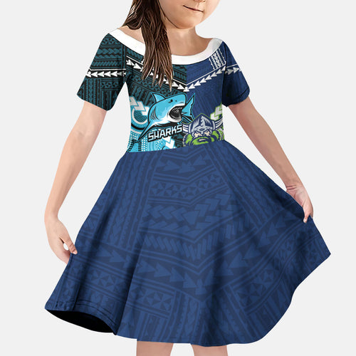 Custom Rugby Sharks and Raiders Family Matching Short Sleeve Bodycon Dress and Hawaiian Shirt 2026 Together Aboriginal Polynesian Pattern