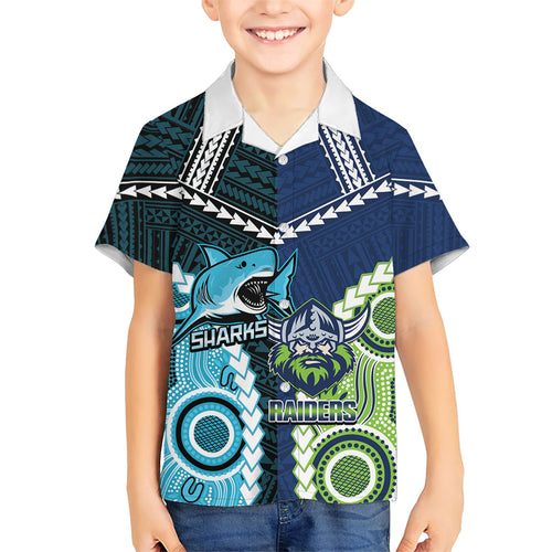Custom Rugby Sharks and Raiders Family Matching Short Sleeve Bodycon Dress and Hawaiian Shirt 2026 Together Aboriginal Polynesian Pattern