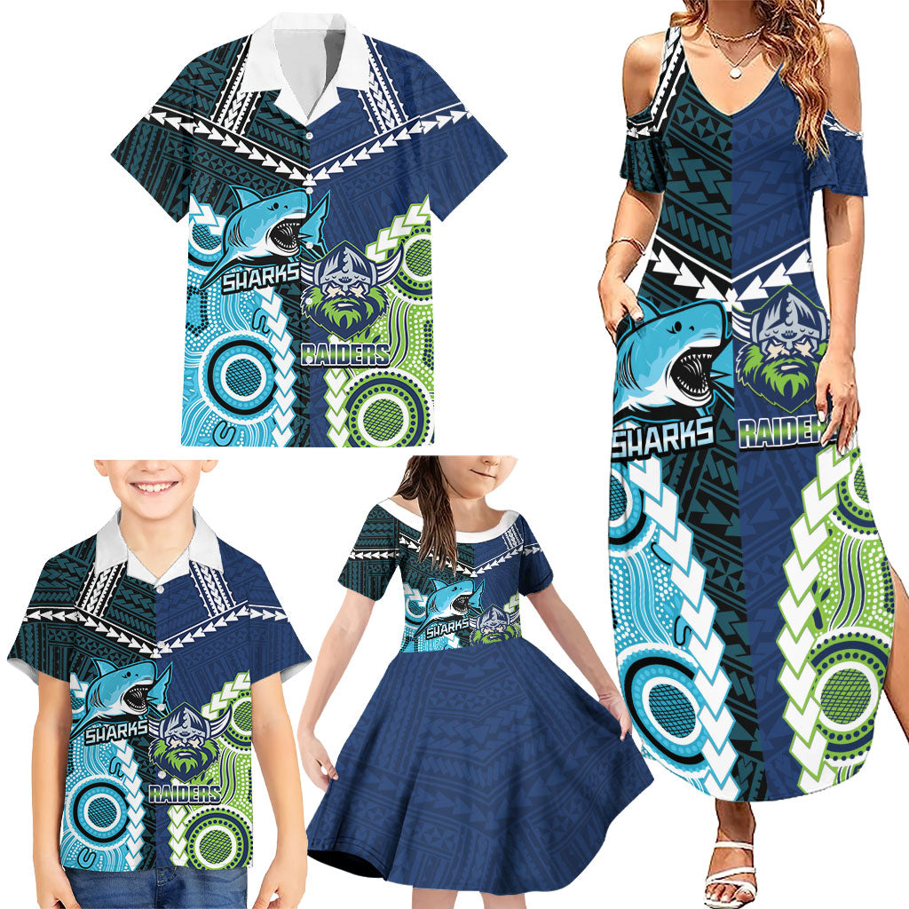 Custom Rugby Sharks and Raiders Family Matching Summer Maxi Dress and Hawaiian Shirt 2026 Together Aboriginal Polynesian Pattern