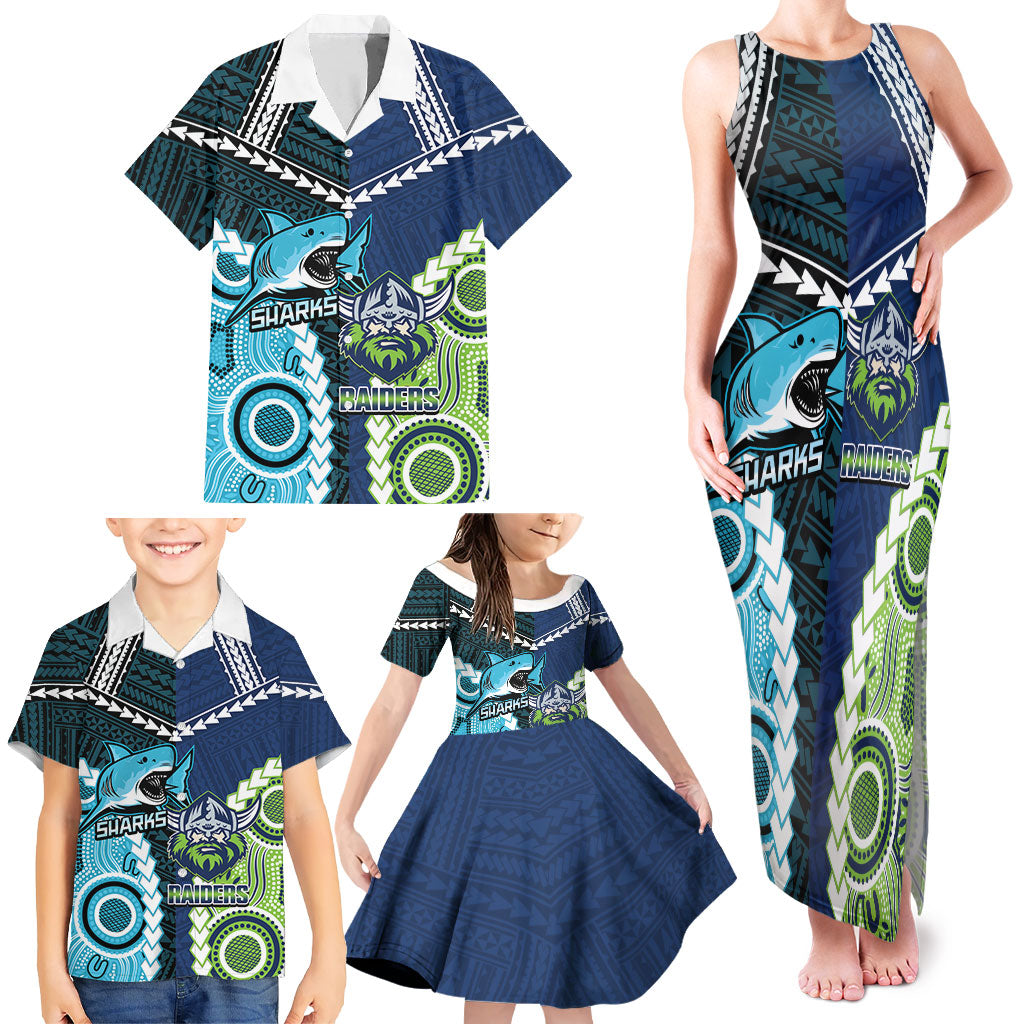 Custom Rugby Sharks and Raiders Family Matching Tank Maxi Dress and Hawaiian Shirt 2026 Together Aboriginal Polynesian Pattern