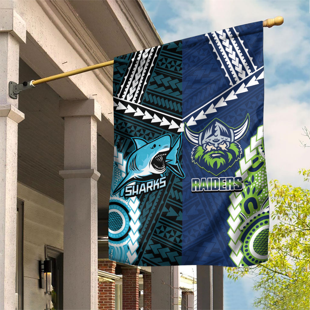 Rugby Sharks and Raiders Garden Flag 2026 Together Aboriginal Polynesian Pattern
