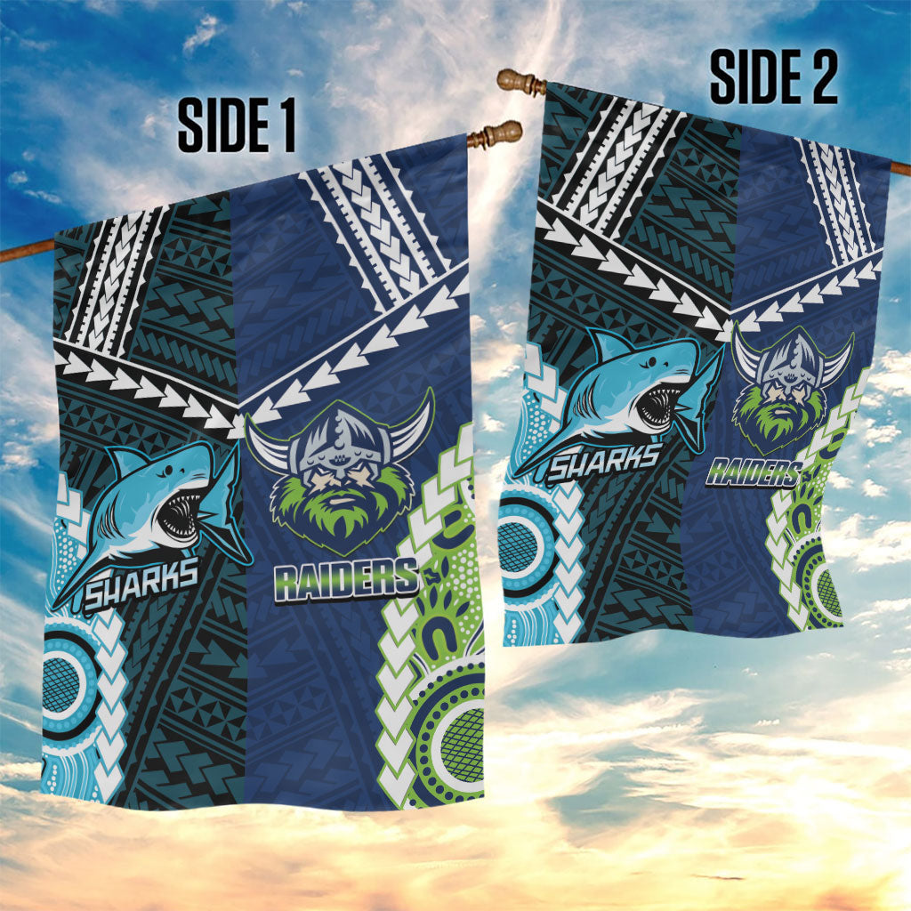 Rugby Sharks and Raiders Garden Flag 2026 Together Aboriginal Polynesian Pattern