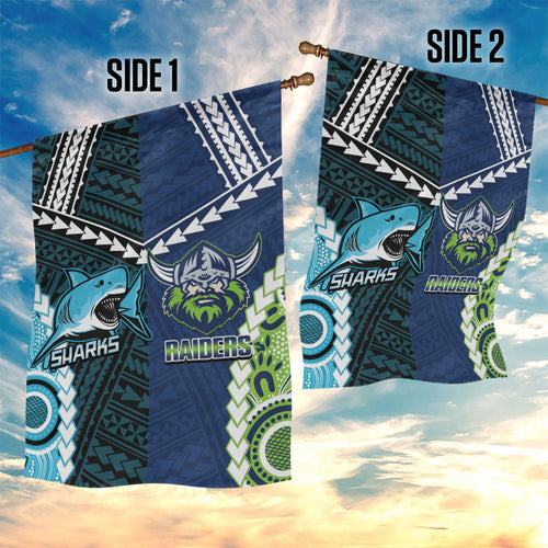 Rugby Sharks and Raiders Garden Flag 2026 Together Aboriginal Polynesian Pattern