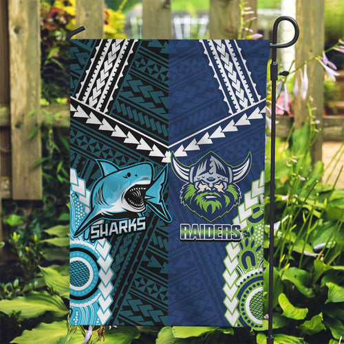 Rugby Sharks and Raiders Garden Flag 2026 Together Aboriginal Polynesian Pattern