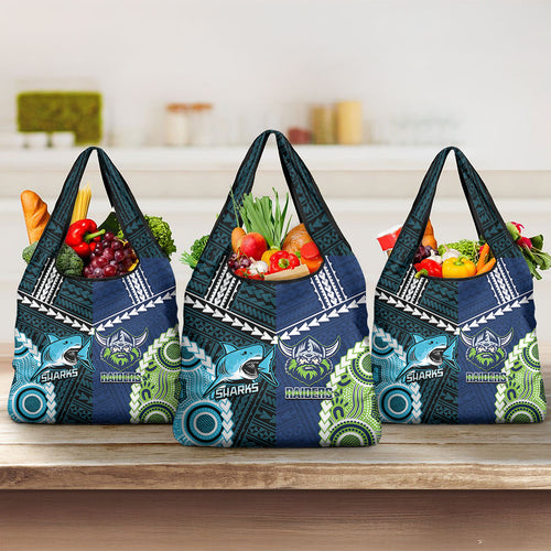 Rugby Sharks and Raiders Grocery Bag 2026 Together Aboriginal Polynesian Pattern