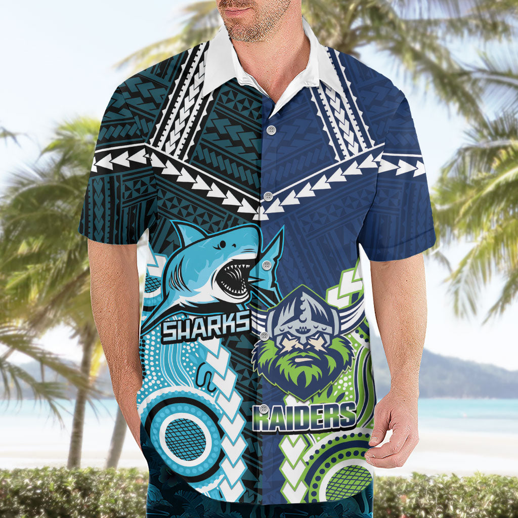 Custom Rugby Sharks and Raiders Hawaiian Shirt 2026 Together Aboriginal Polynesian Pattern