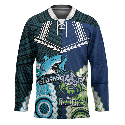 Custom Rugby Sharks and Raiders Hockey Jersey 2026 Together Aboriginal Polynesian Pattern