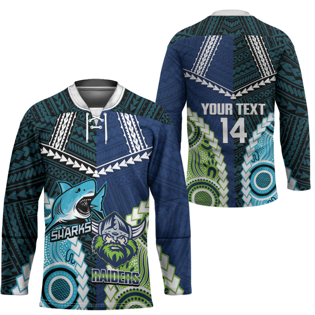 Custom Rugby Sharks and Raiders Hockey Jersey 2026 Together Aboriginal Polynesian Pattern