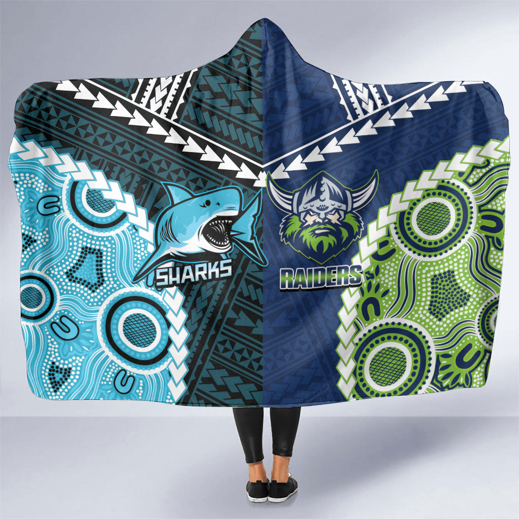 Rugby Sharks and Raiders Hooded Blanket 2026 Together Aboriginal Polynesian Pattern