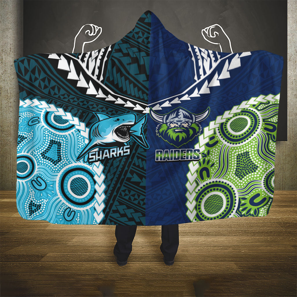Rugby Sharks and Raiders Hooded Blanket 2026 Together Aboriginal Polynesian Pattern