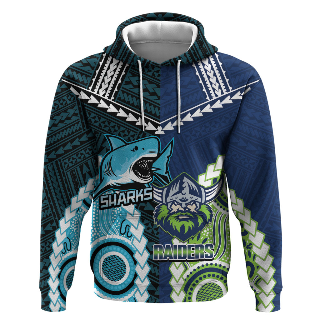 Custom Rugby Sharks and Raiders Hoodie 2026 Together Aboriginal Polynesian Pattern