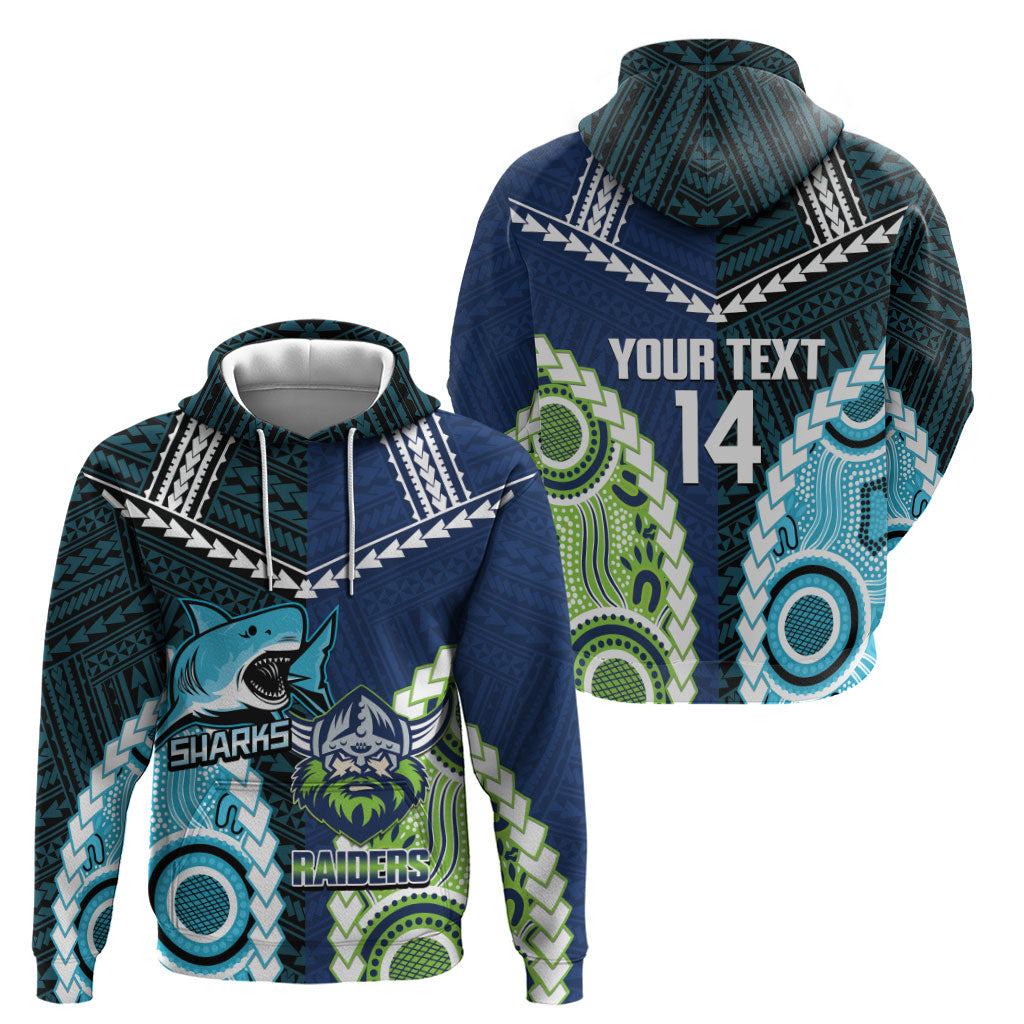 Custom Rugby Sharks and Raiders Hoodie 2026 Together Aboriginal Polynesian Pattern