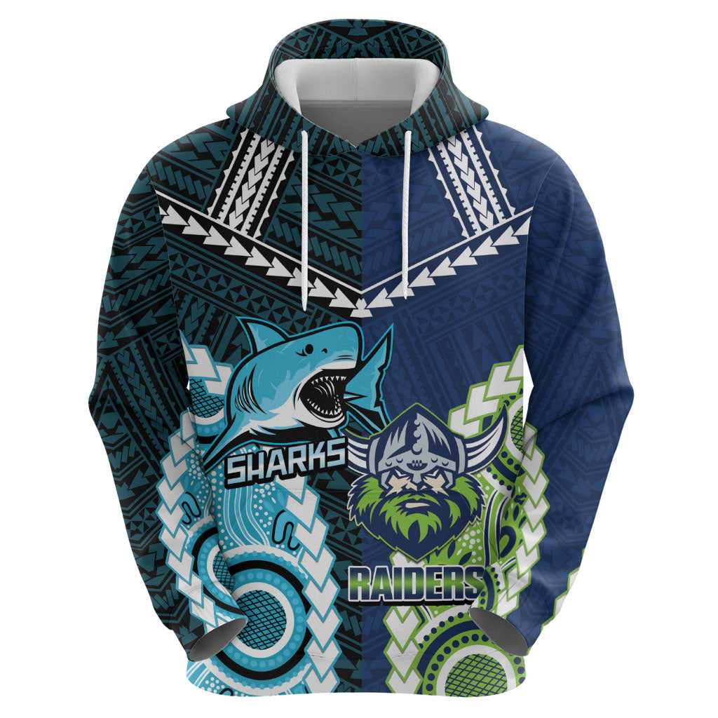 Custom Rugby Sharks and Raiders Hoodie 2026 Together Aboriginal Polynesian Pattern