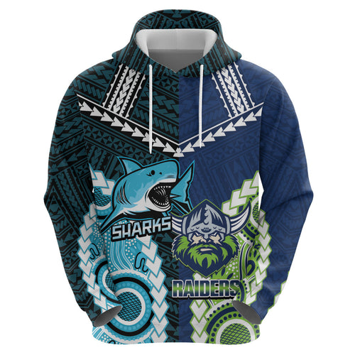 Custom Rugby Sharks and Raiders Hoodie 2026 Together Aboriginal Polynesian Pattern