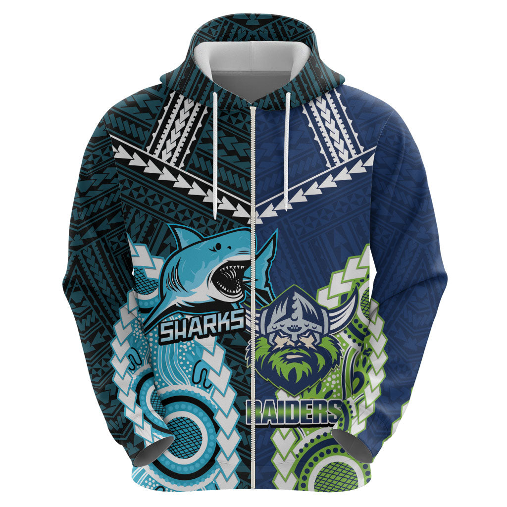 Custom Rugby Sharks and Raiders Hoodie 2026 Together Aboriginal Polynesian Pattern
