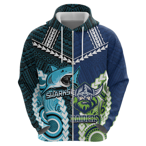 Custom Rugby Sharks and Raiders Hoodie 2026 Together Aboriginal Polynesian Pattern