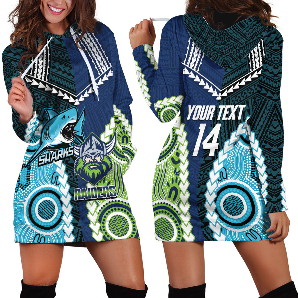 Custom Rugby Sharks and Raiders Hoodie Dress 2026 Together Aboriginal Polynesian Pattern