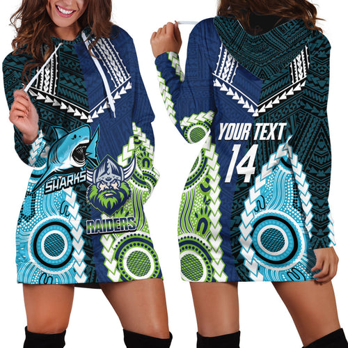 Custom Rugby Sharks and Raiders Hoodie Dress 2026 Together Aboriginal Polynesian Pattern