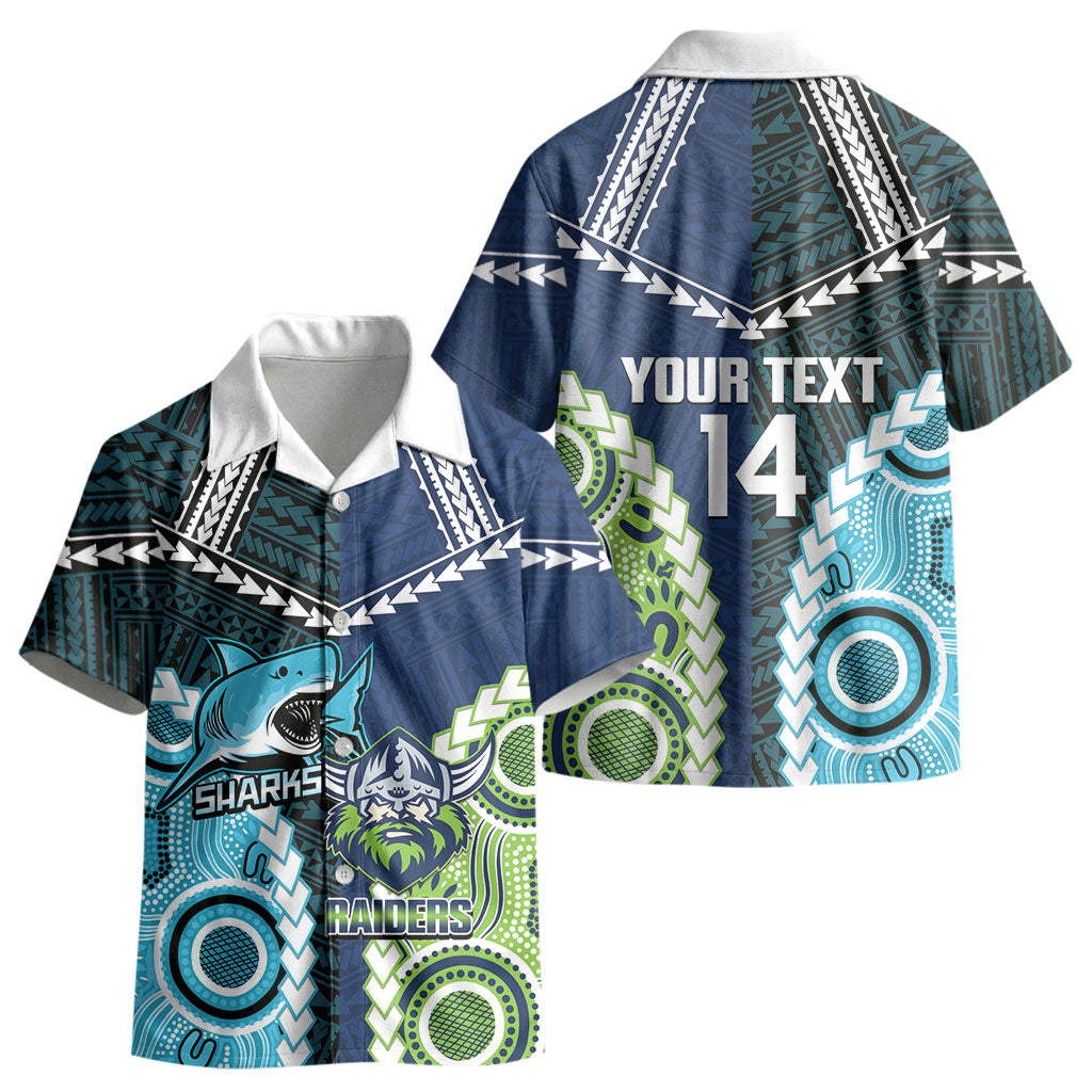 Custom Rugby Sharks and Raiders Kid Hawaiian Shirt 2026 Together Aboriginal Polynesian Pattern LT14