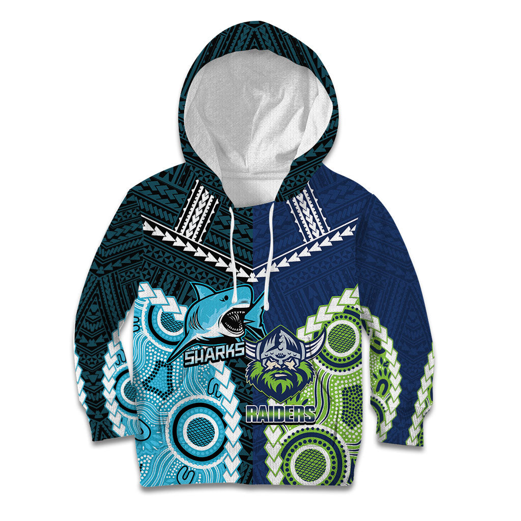 Custom Rugby Sharks and Raiders Kid Hoodie 2026 Together Aboriginal Polynesian Pattern
