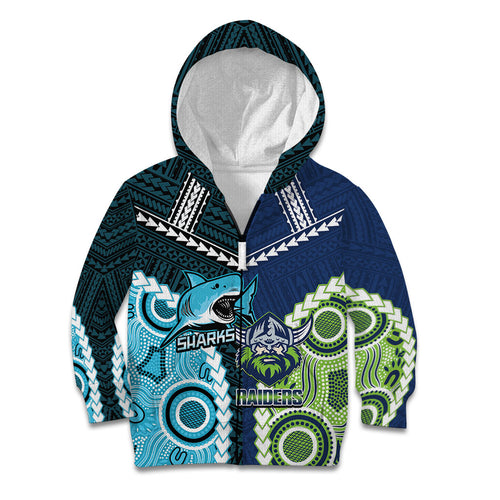 Custom Rugby Sharks and Raiders Kid Hoodie 2026 Together Aboriginal Polynesian Pattern
