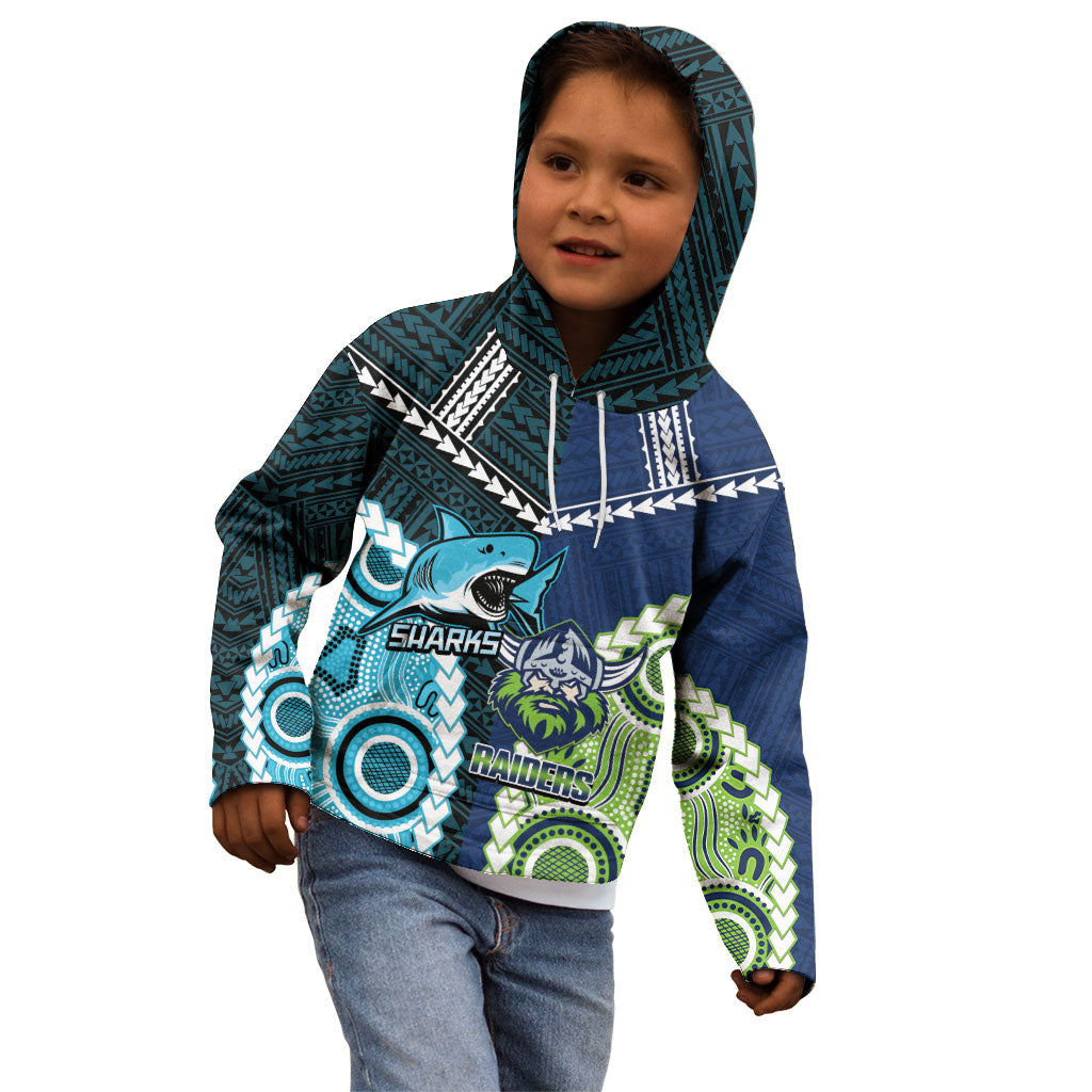 Custom Rugby Sharks and Raiders Kid Hoodie 2026 Together Aboriginal Polynesian Pattern