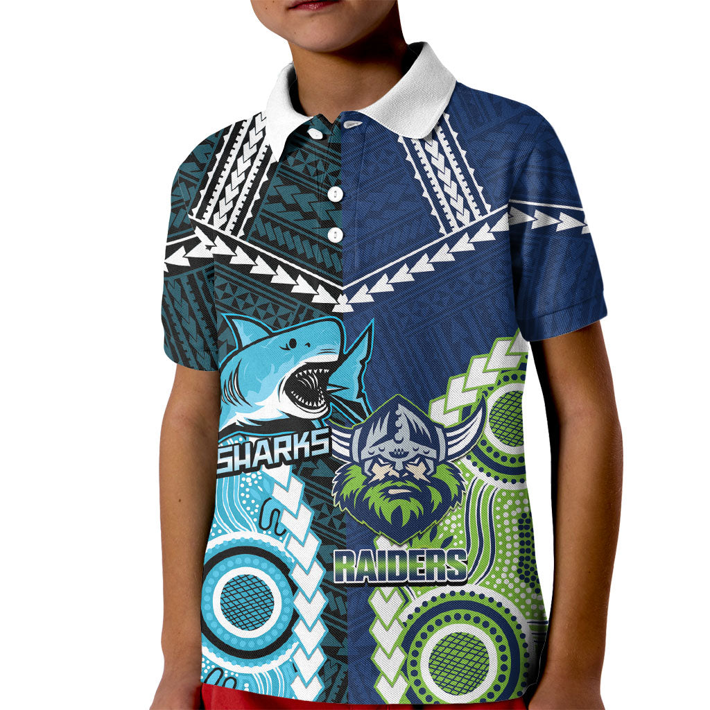 Custom Rugby Sharks and Raiders Kid Polo Shirt 2026 Together Aboriginal Polynesian Pattern