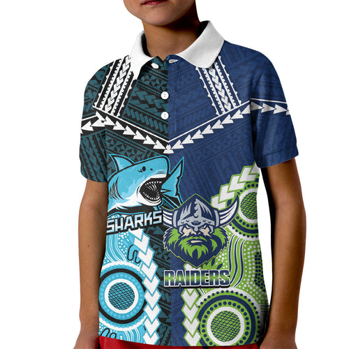Custom Rugby Sharks and Raiders Kid Polo Shirt 2026 Together Aboriginal Polynesian Pattern