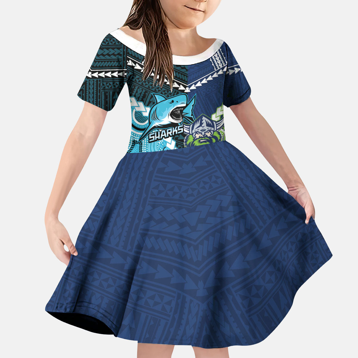 Custom Rugby Sharks and Raiders Kid Short Sleeve Dress 2026 Together Aboriginal Polynesian Pattern