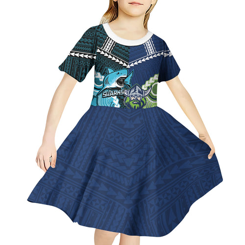 Custom Rugby Sharks and Raiders Kid Short Sleeve Dress 2026 Together Aboriginal Polynesian Pattern