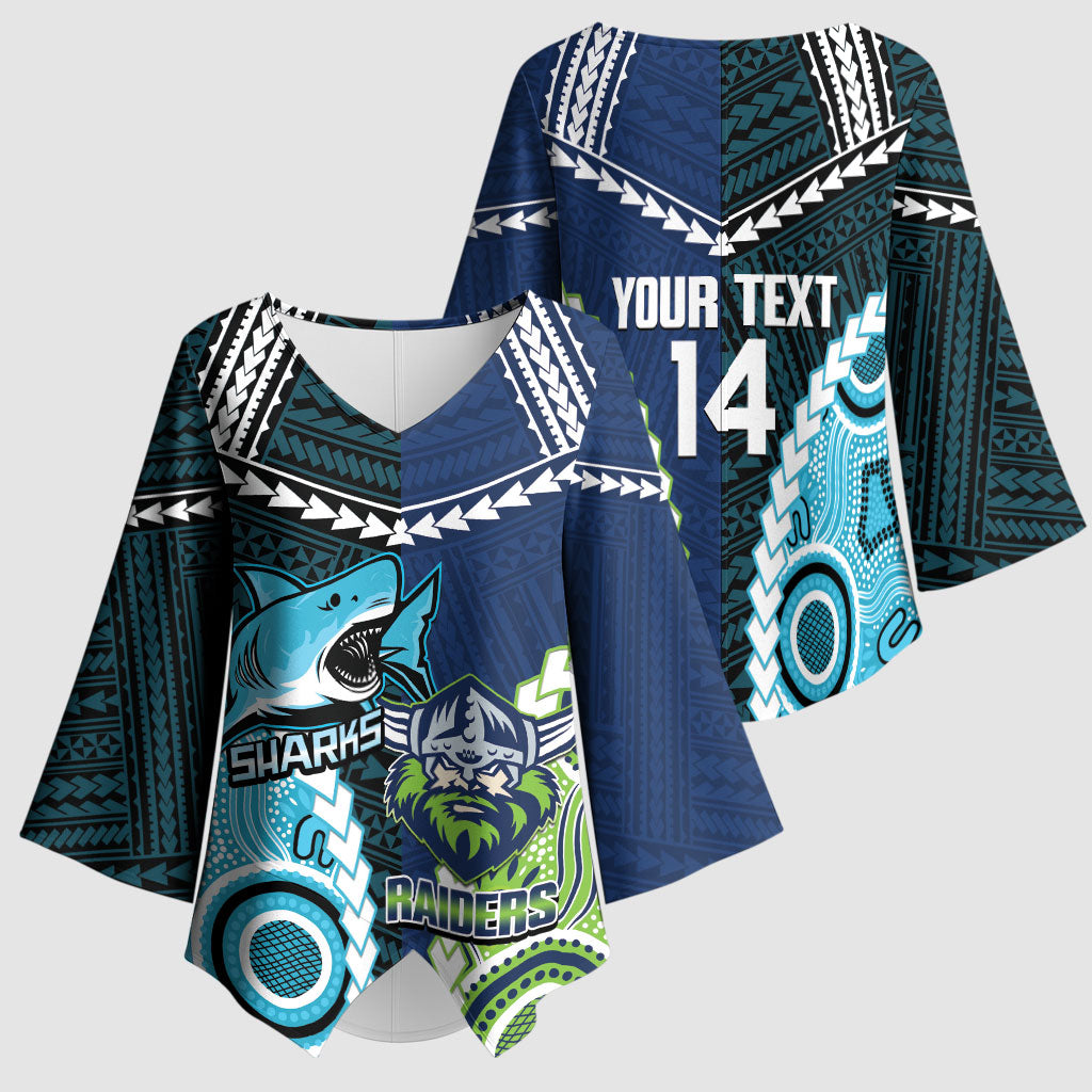 Custom Rugby Sharks and Raiders Kimono Sleeve Blouse 2026 Together Aboriginal Polynesian Pattern