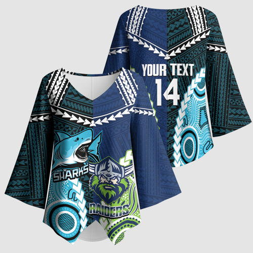 Custom Rugby Sharks and Raiders Kimono Sleeve Blouse 2026 Together Aboriginal Polynesian Pattern