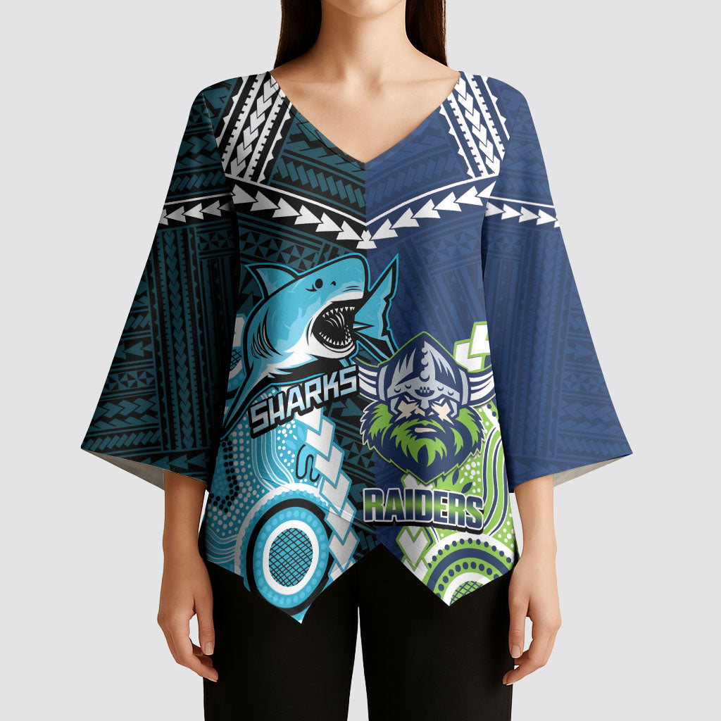Custom Rugby Sharks and Raiders Kimono Sleeve Blouse 2026 Together Aboriginal Polynesian Pattern