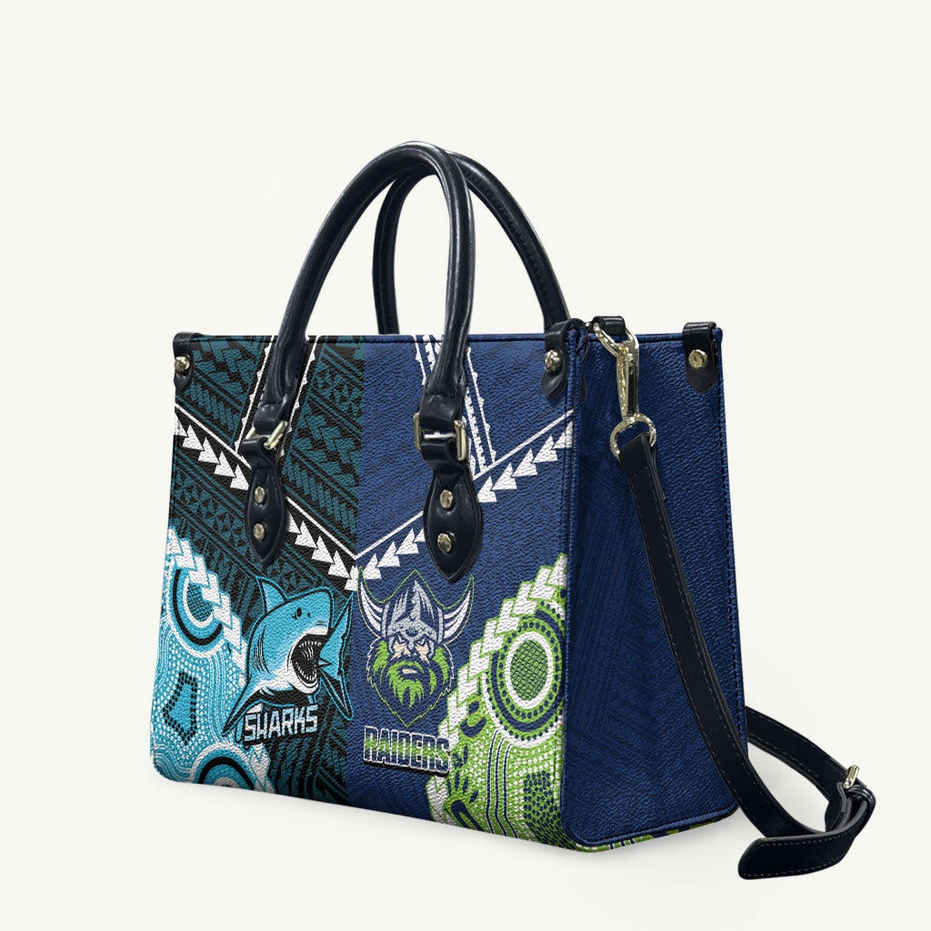 Rugby Sharks and Raiders Leather Bag 2026 Together Aboriginal Polynesian Pattern