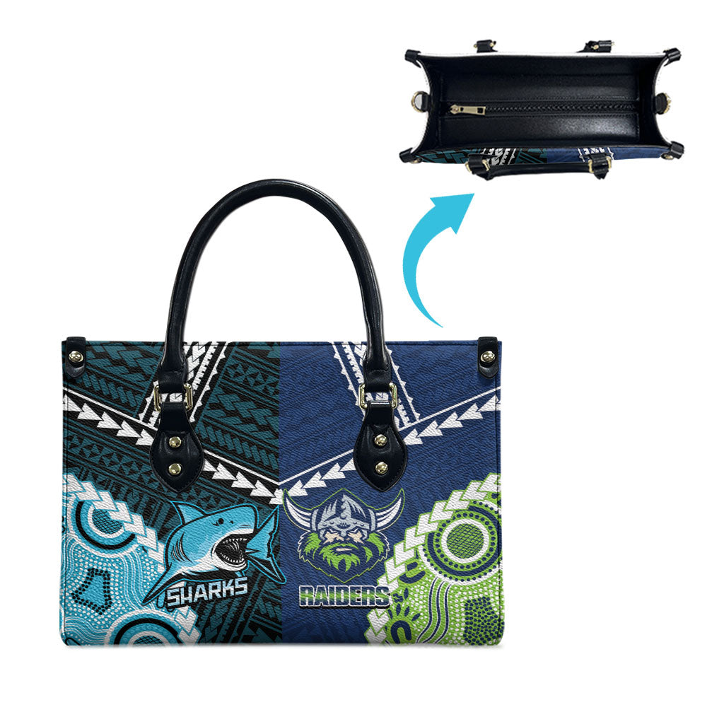 Rugby Sharks and Raiders Leather Bag 2026 Together Aboriginal Polynesian Pattern