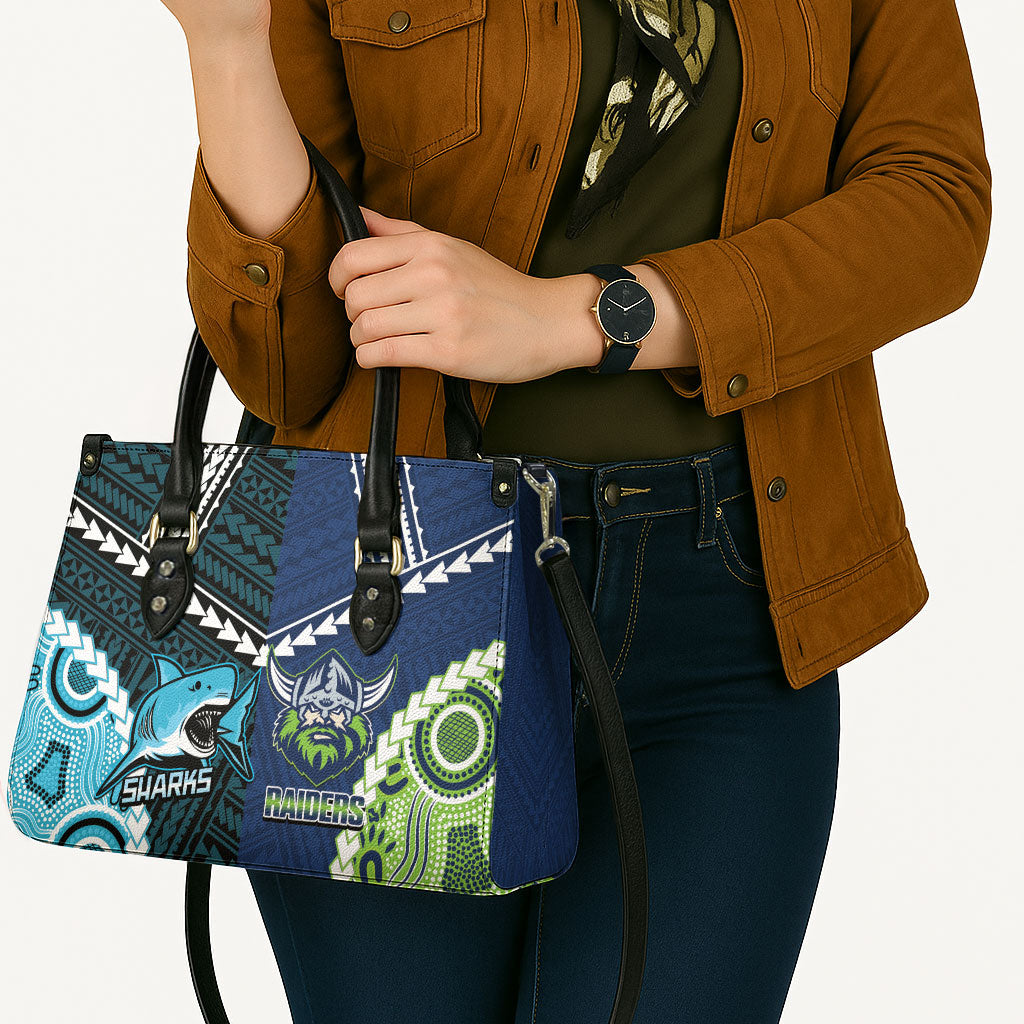 Rugby Sharks and Raiders Leather Bag 2026 Together Aboriginal Polynesian Pattern