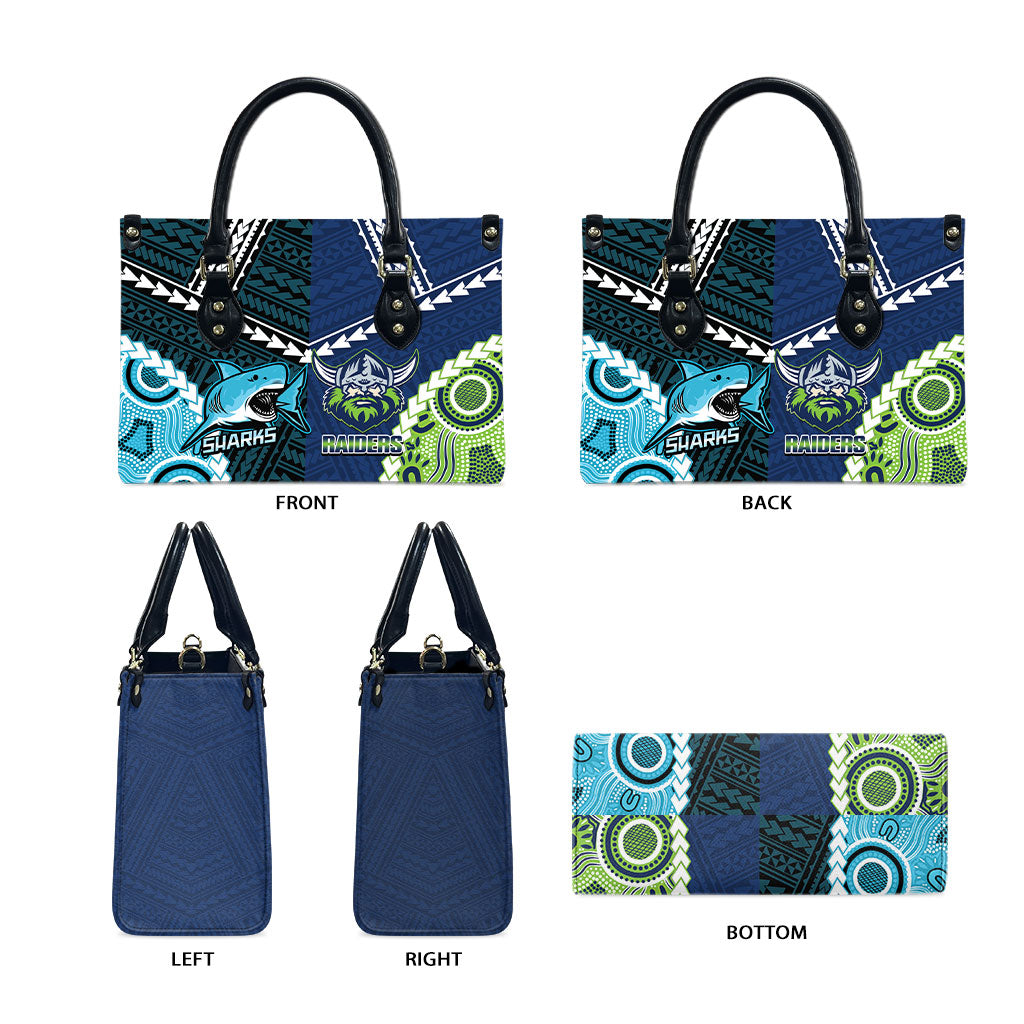 Rugby Sharks and Raiders Leather Bag 2026 Together Aboriginal Polynesian Pattern
