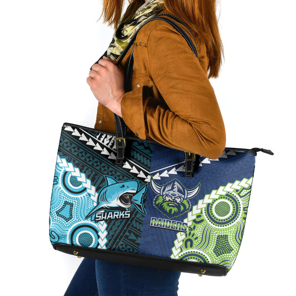 Rugby Sharks and Raiders Leather Tote Bag 2026 Together Aboriginal Polynesian Pattern