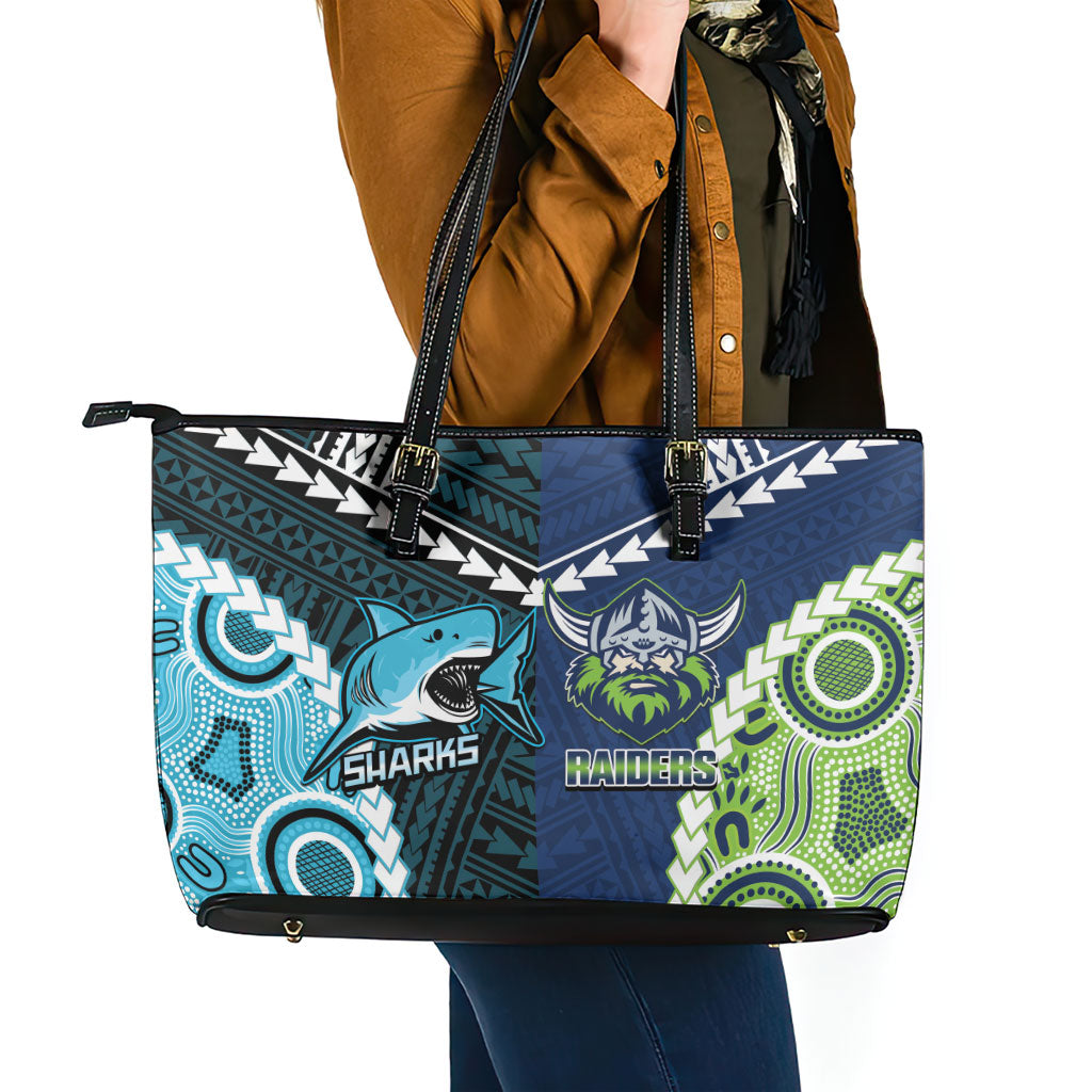 Rugby Sharks and Raiders Leather Tote Bag 2026 Together Aboriginal Polynesian Pattern