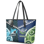 Rugby Sharks and Raiders Leather Tote Bag 2026 Together Aboriginal Polynesian Pattern